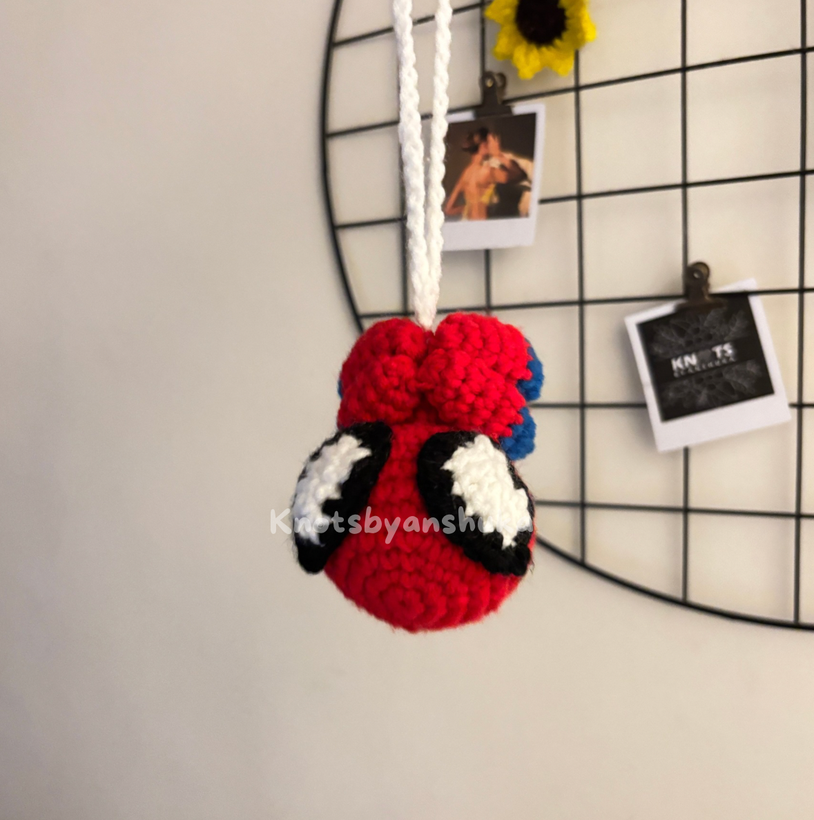 Crocheted Spider-Man keychain & car hanging with brand name knotsbyanshuka

